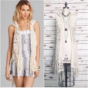 FREE PEOPLE FRINGE HOODED CROCHET VEST